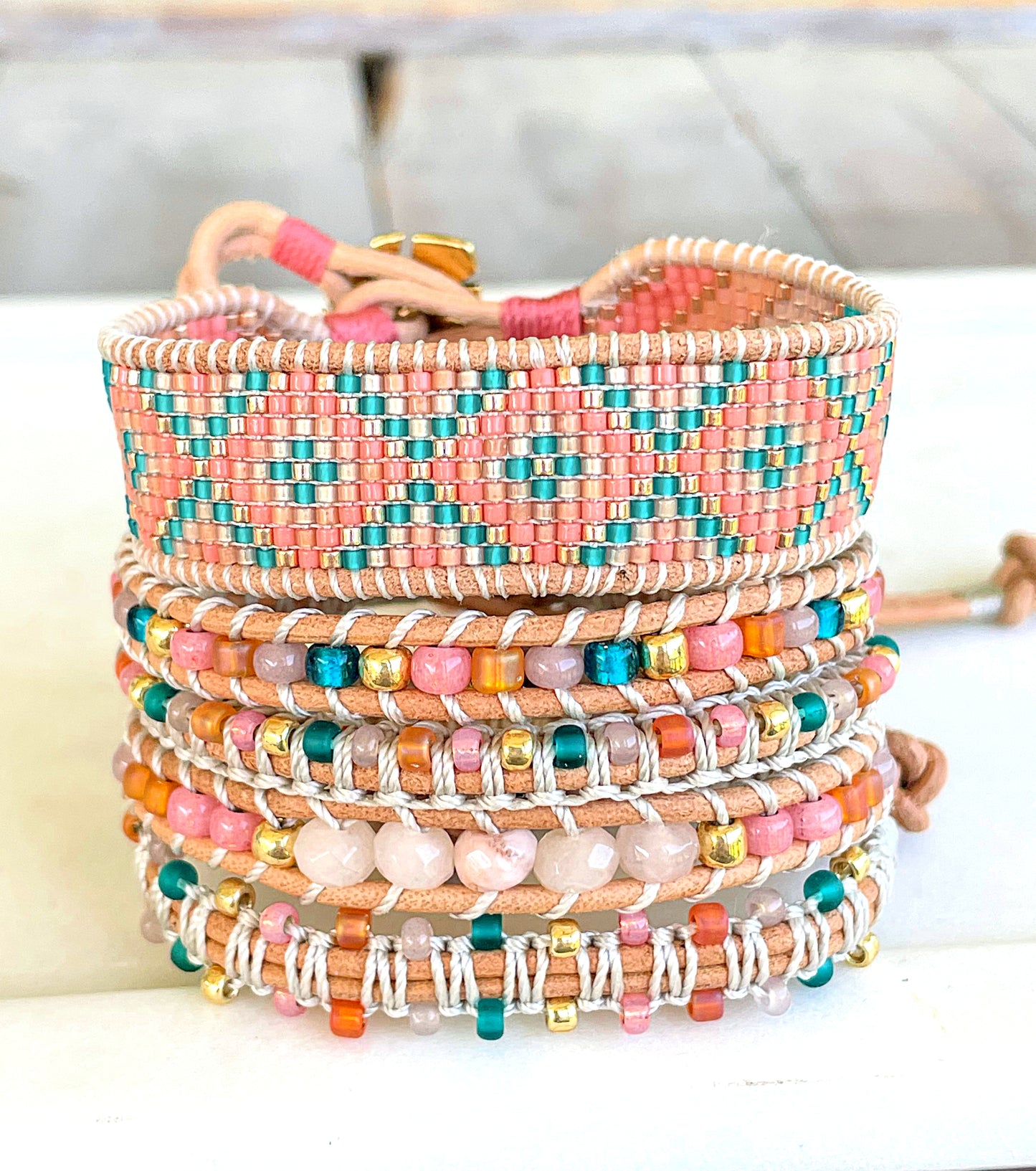 Pink Peach Tan and Teal Leather Beaded Macrame Bracelet Set