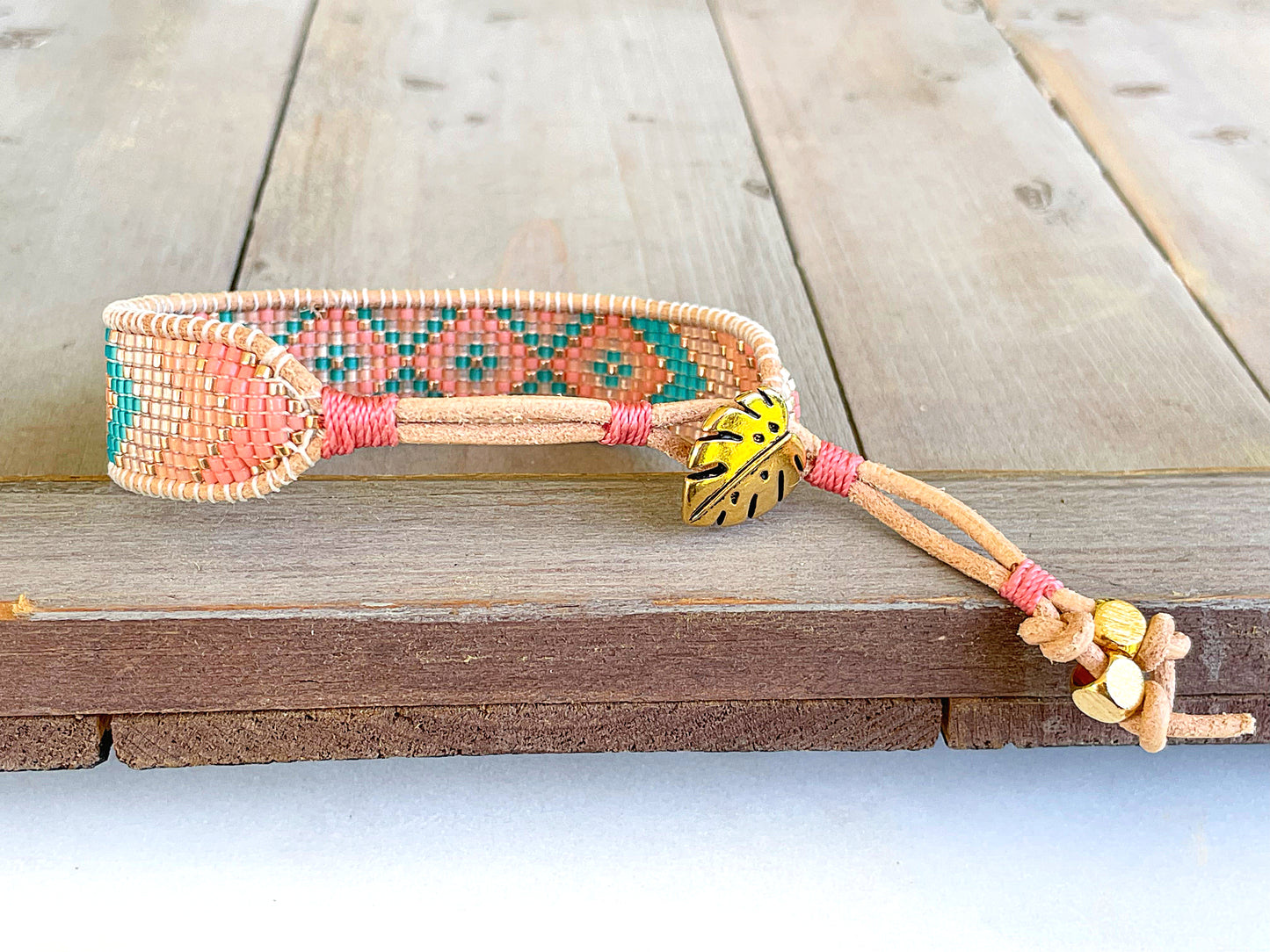 Pink Peach and Teal Loom woven geometric Diamond Chevron beaded friendship bracelet