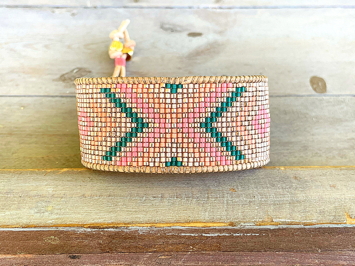Gold, Tan, Teal, Peach, and Pink Geometric Bead Loom Woven Bracelet