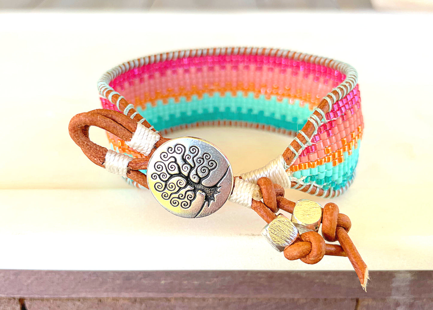 Bright Rainbow Ombre Bead Loom Woven Bracelet