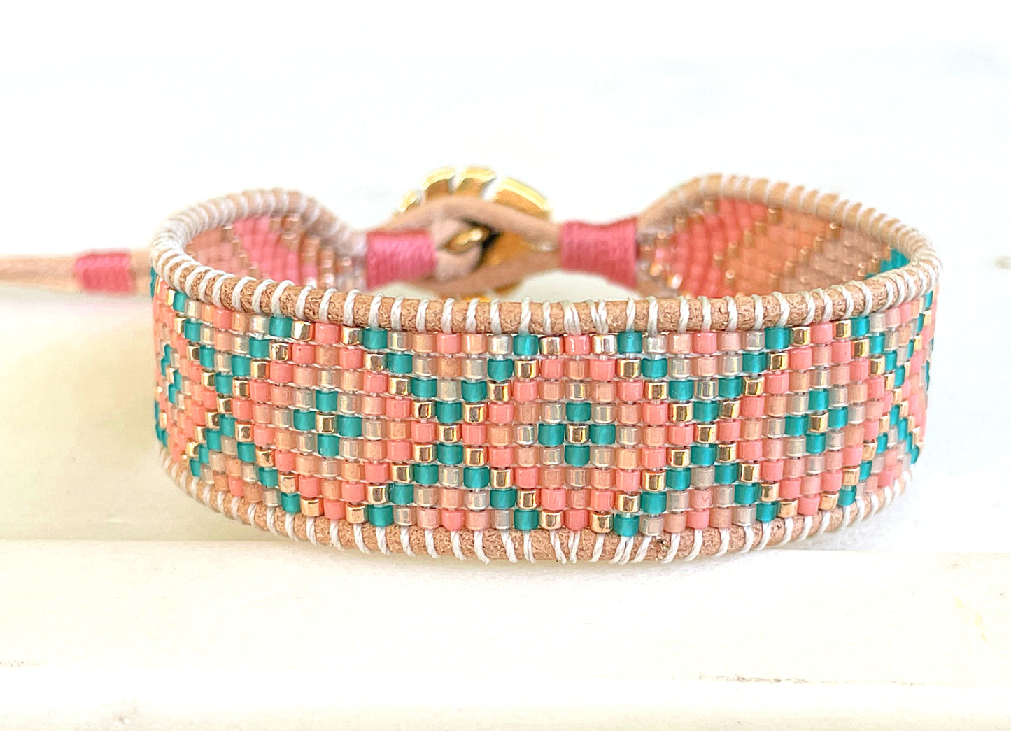 Pink Peach and Teal Loom woven geometric Diamond Chevron beaded friendship bracelet