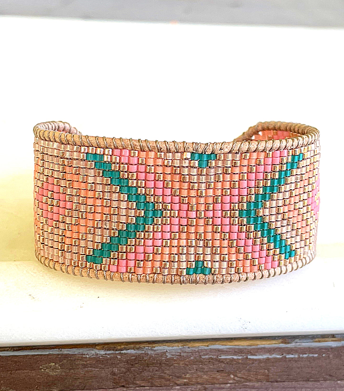 Gold, Tan, Teal, Peach, and Pink Geometric Bead Loom Woven Bracelet