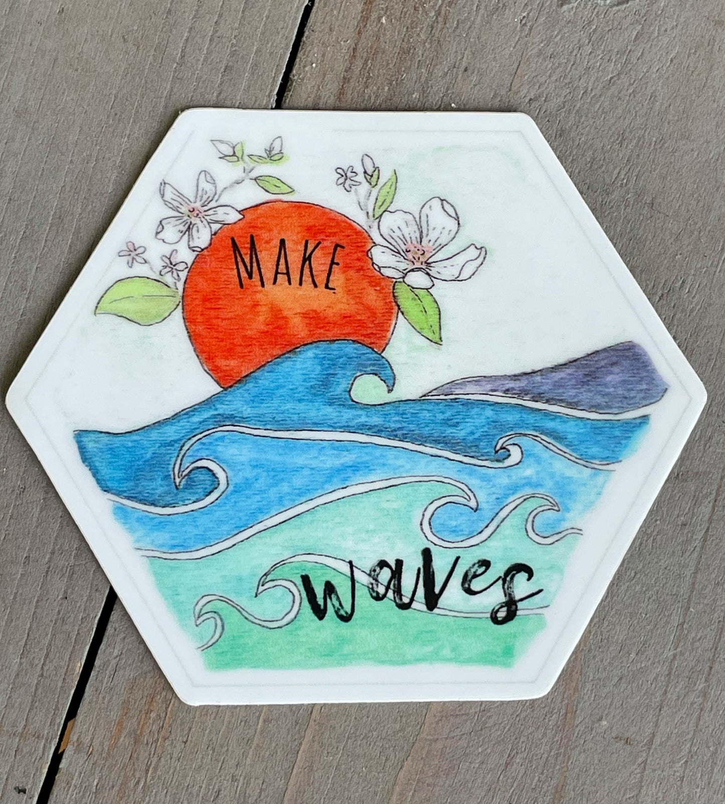 Make Waves watercolor Hexagon Sticker