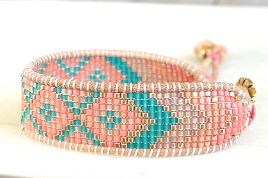 Pink Peach and Teal Loom woven geometric Diamond Chevron beaded friendship bracelet