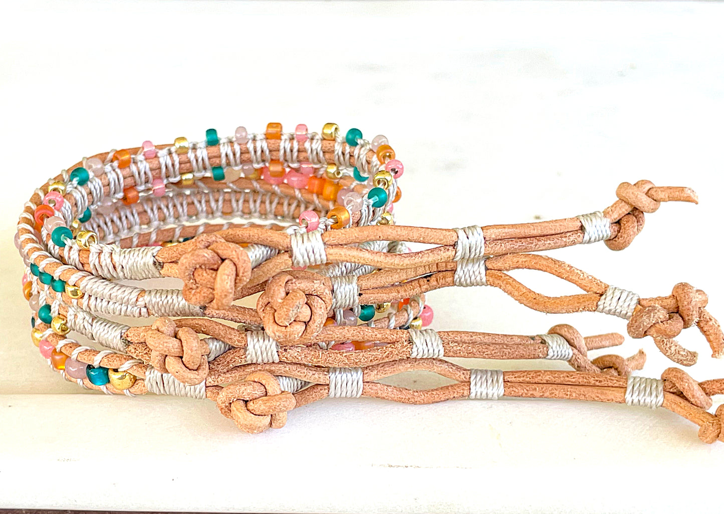 Pink Peach Tan and Teal Leather Beaded Macrame Bracelet Set