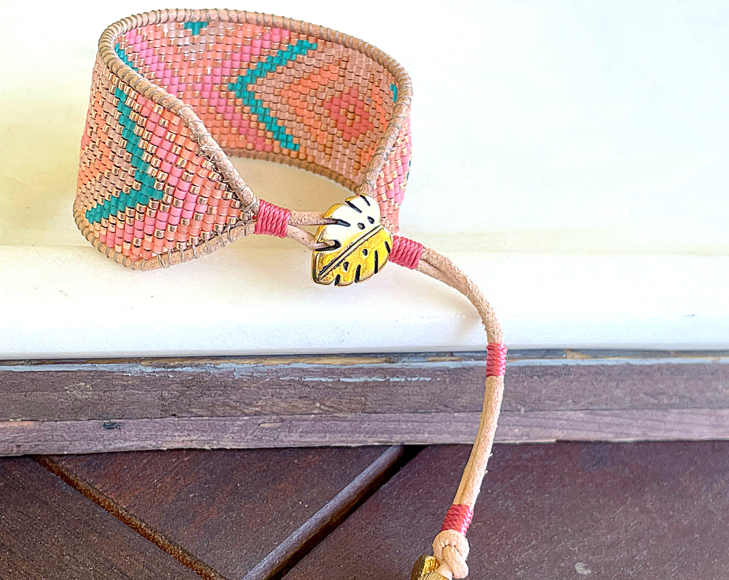 Gold, Tan, Teal, Peach, and Pink Geometric Bead Loom Woven Bracelet
