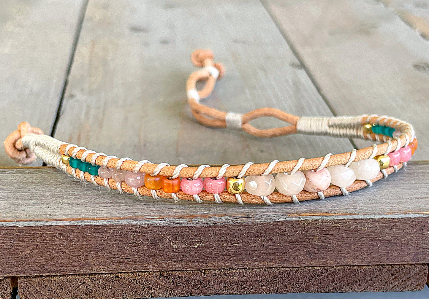 Pink Peach Tan and Teal Leather Beaded Macrame Bracelet Set