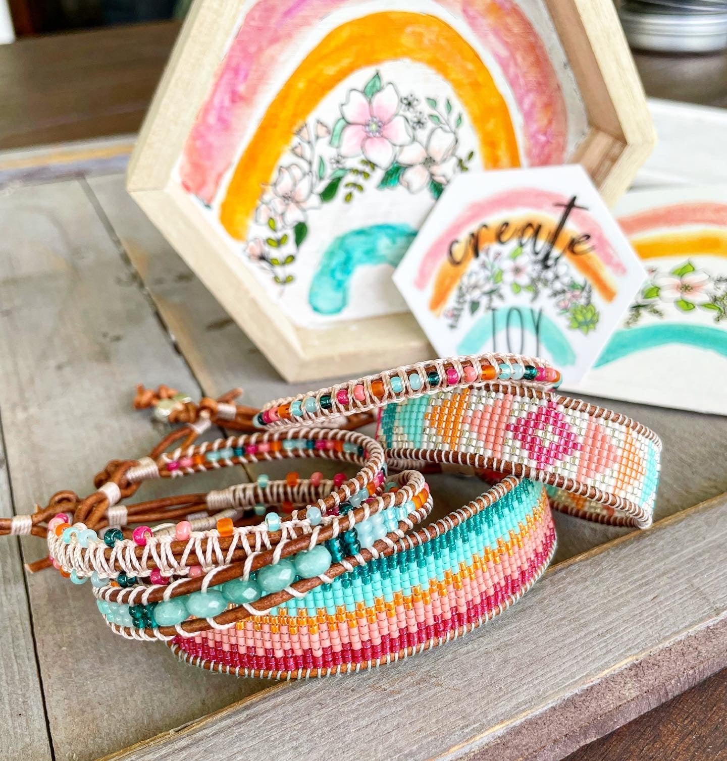 Bright Rainbow Ombre Bead Loom Woven Bracelet