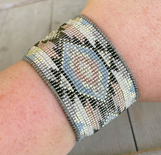 Neutral Gray, Tan, and Silver Bead Loom Woven Wide Cuff Bracelet