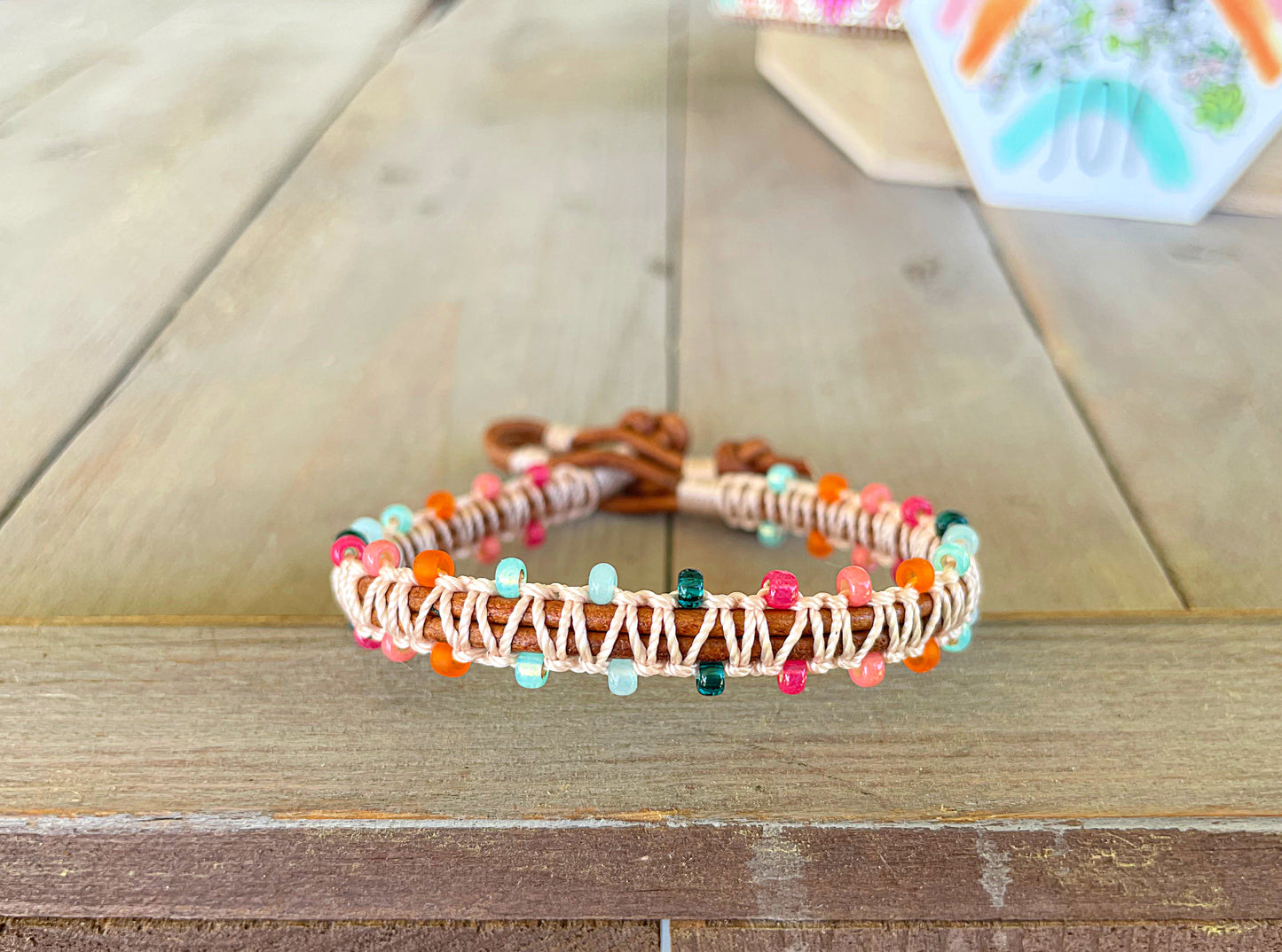 Bright Rainbow Leather Beaded Macrame Bracelet Set