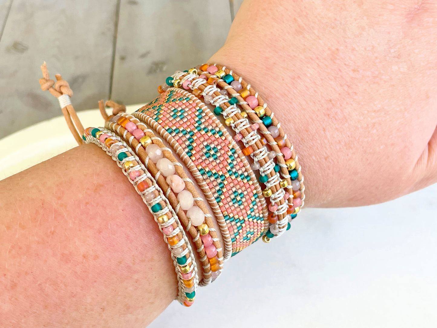 Pink Peach and Teal Loom woven geometric Diamond Chevron beaded friendship bracelet