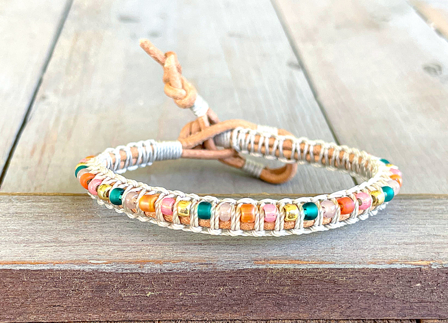 Pink Peach Tan and Teal Leather Beaded Macrame Bracelet Set