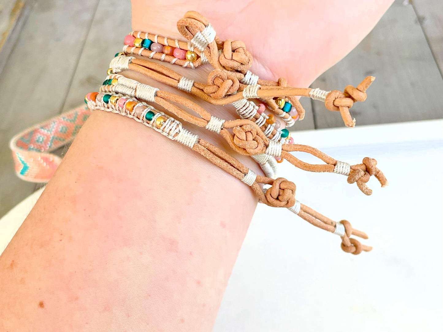 Pink Peach Tan and Teal Leather Beaded Macrame Bracelet Set