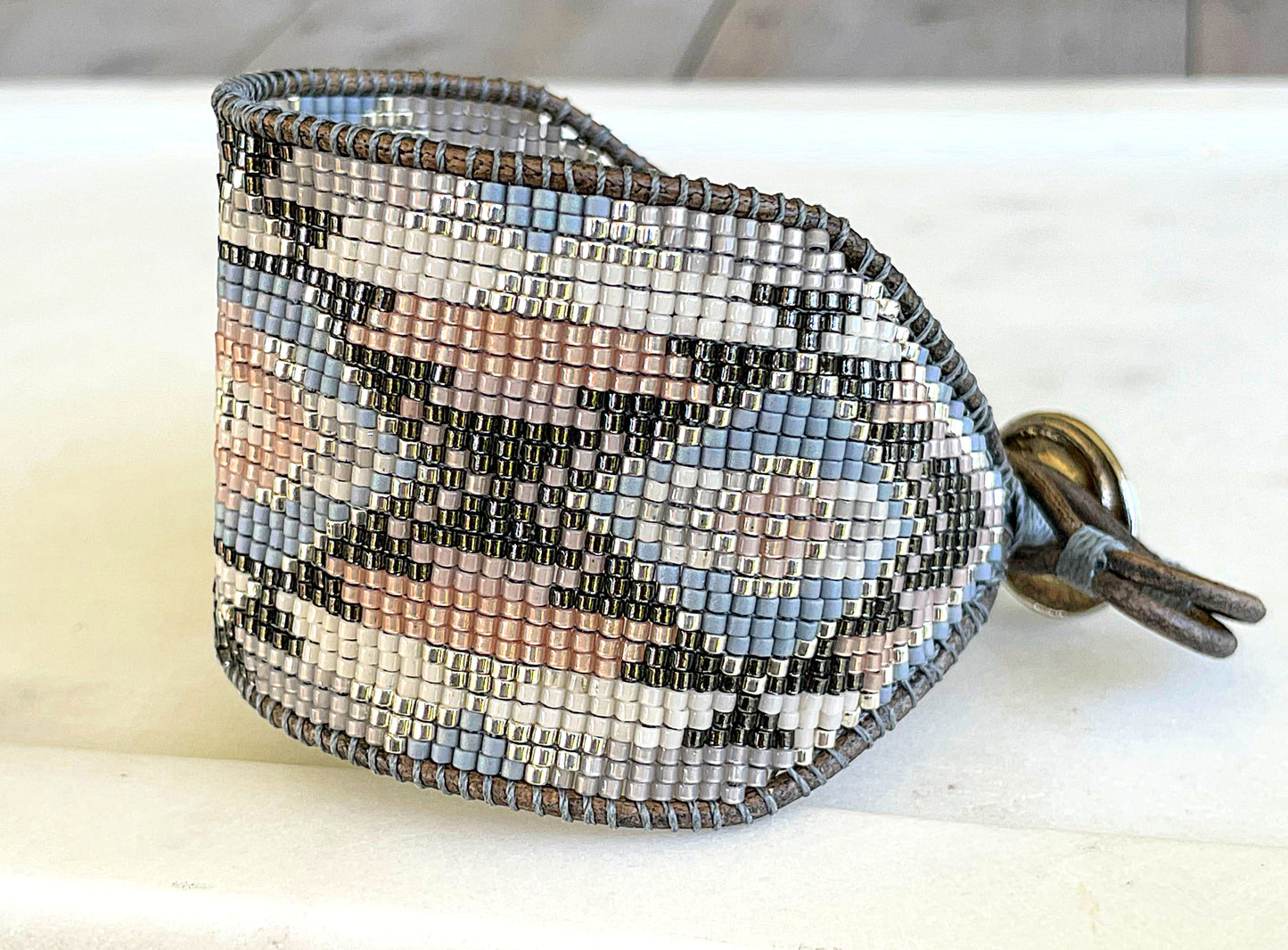 Neutral Gray, Tan, and Silver Bead Loom Woven Wide Cuff Bracelet