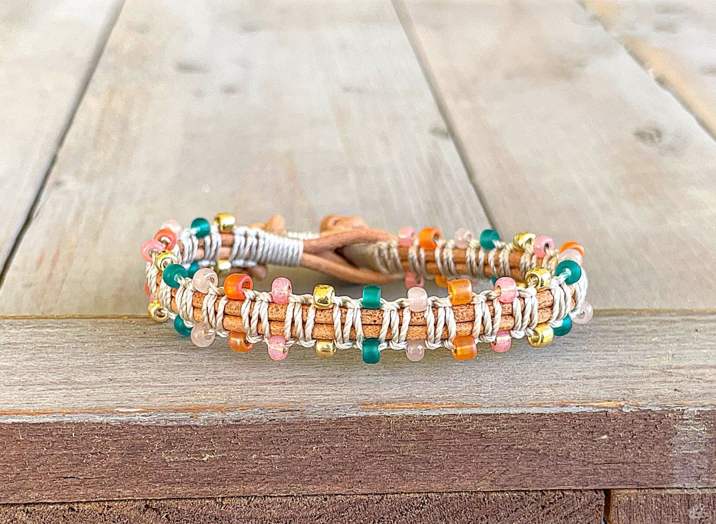 Pink Peach Tan and Teal Leather Beaded Macrame Bracelet Set