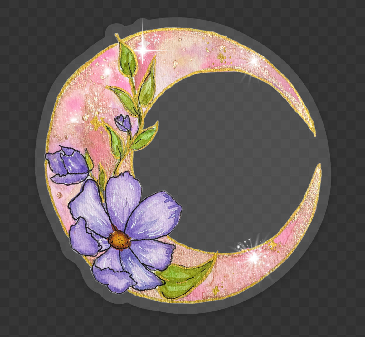 Pink Crescent Moon and Cosmo watercolor clear vinyl waterproof sticker