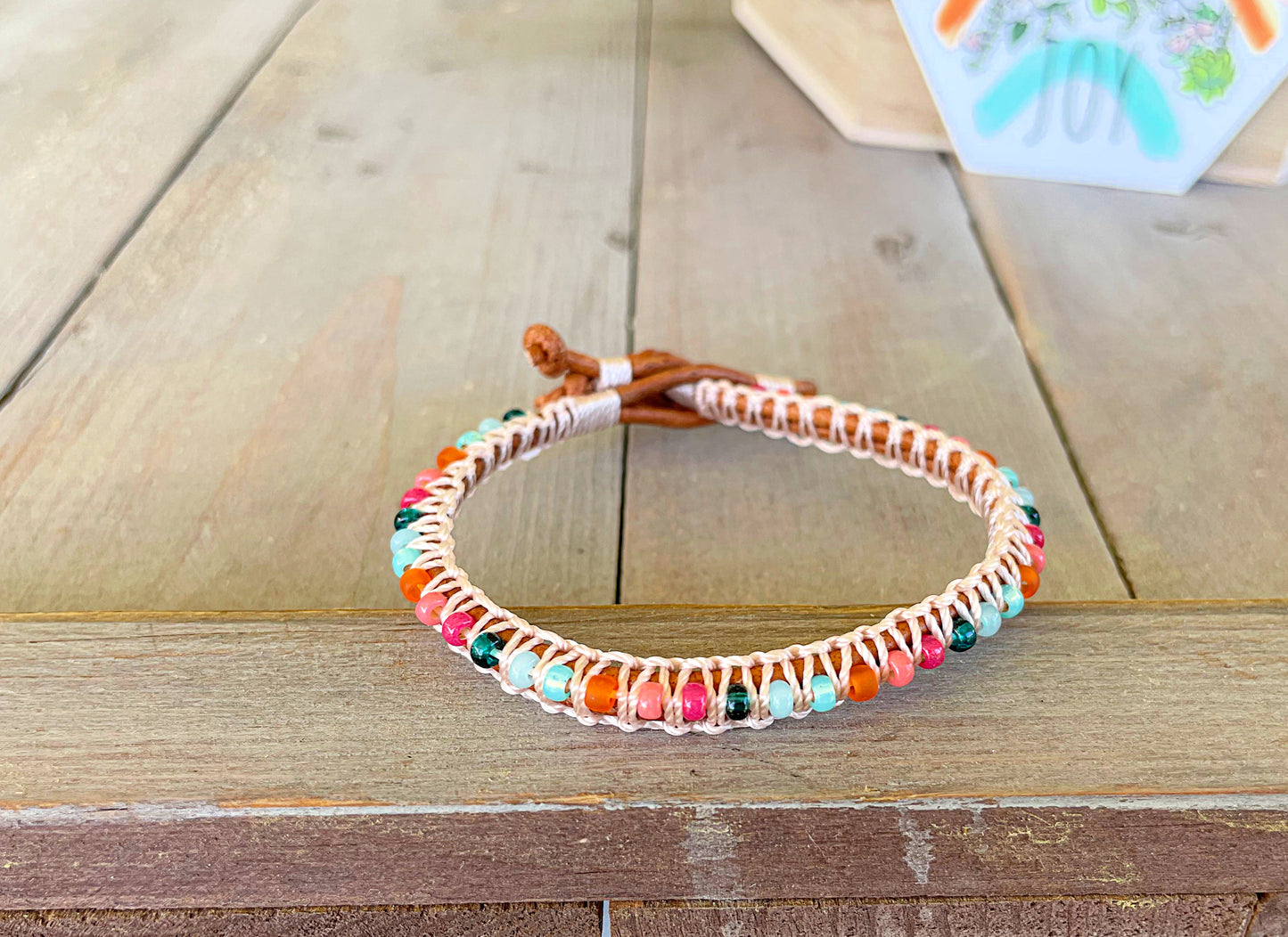 Bright Rainbow Leather Beaded Macrame Bracelet Set