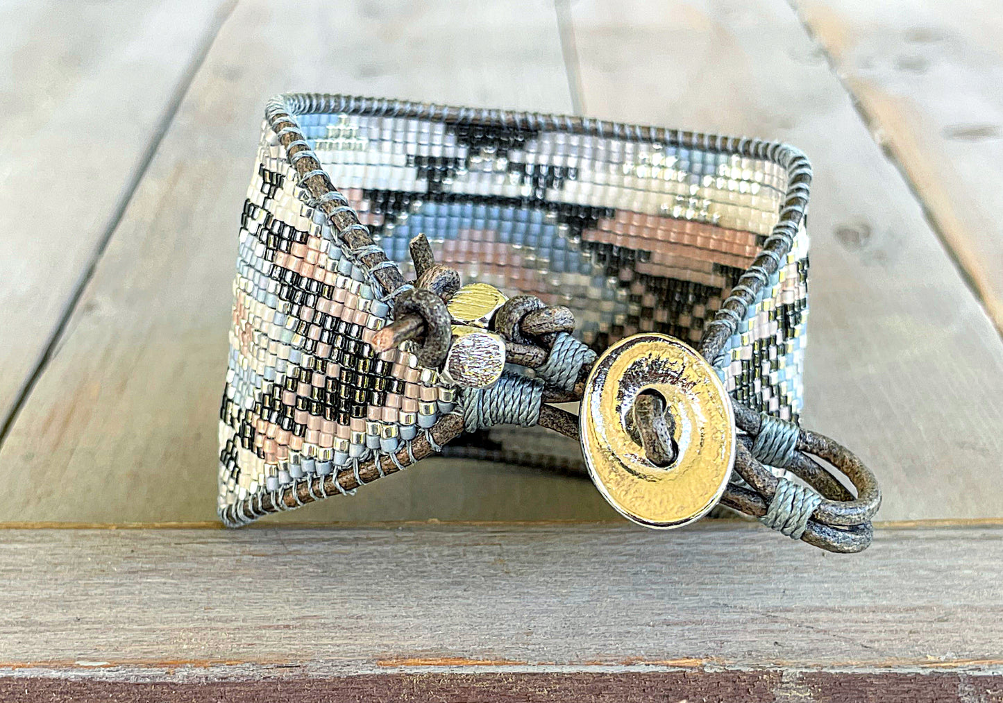 Neutral Gray, Tan, and Silver Bead Loom Woven Wide Cuff Bracelet