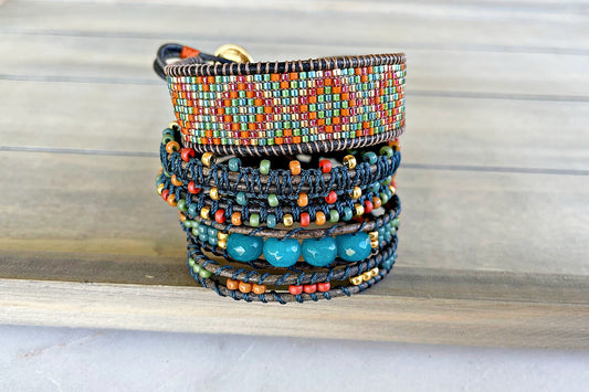 Dark Teal Rainbow Diamond Bead Loom Woven Bracelet