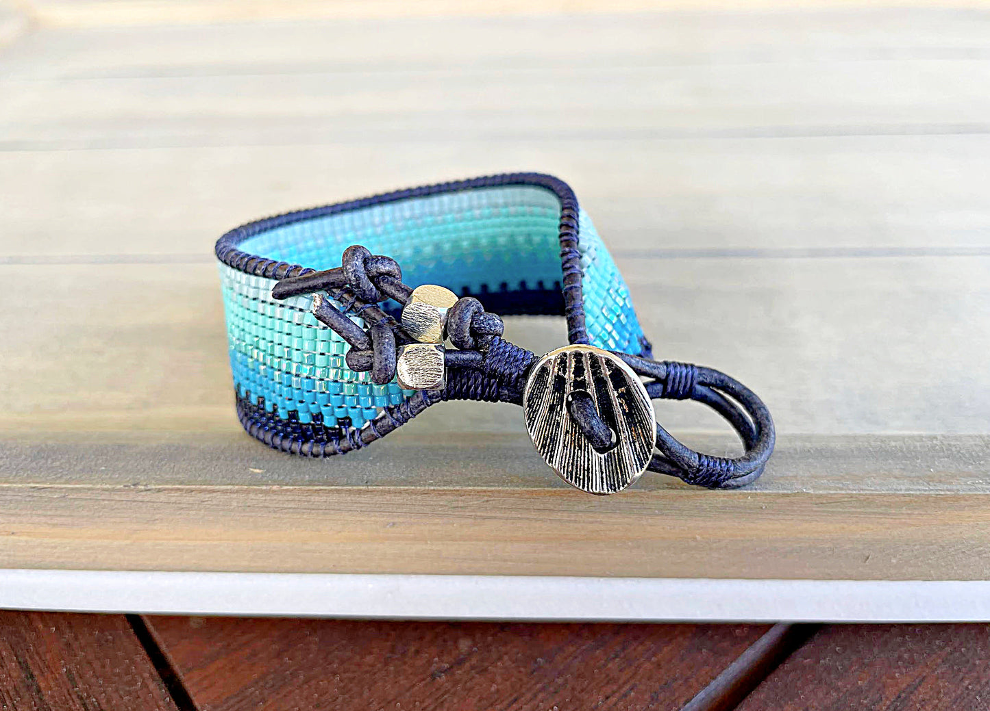 Ocean Navy to Seafoam Ombre Bead Loom Woven Bracelet