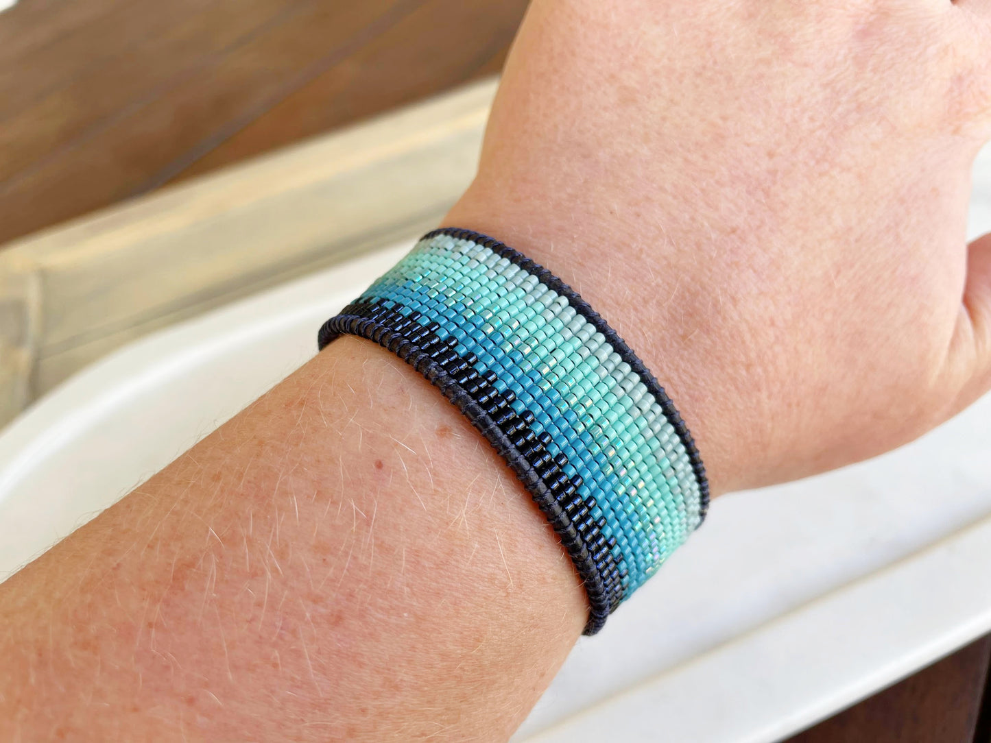 Ocean Navy to Seafoam Ombre Bead Loom Woven Bracelet