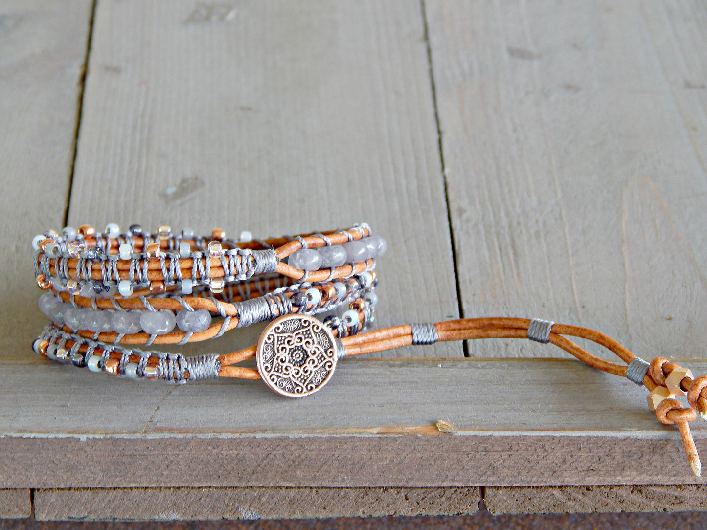 Copper Navy Blush Gray Agate and Beaded Macrame 3x wrap bracelet