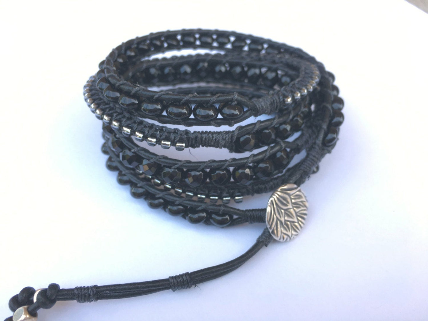 Bohemian Boho Onyx Macrame bracelet 5x wrap, leather wrap bracelet