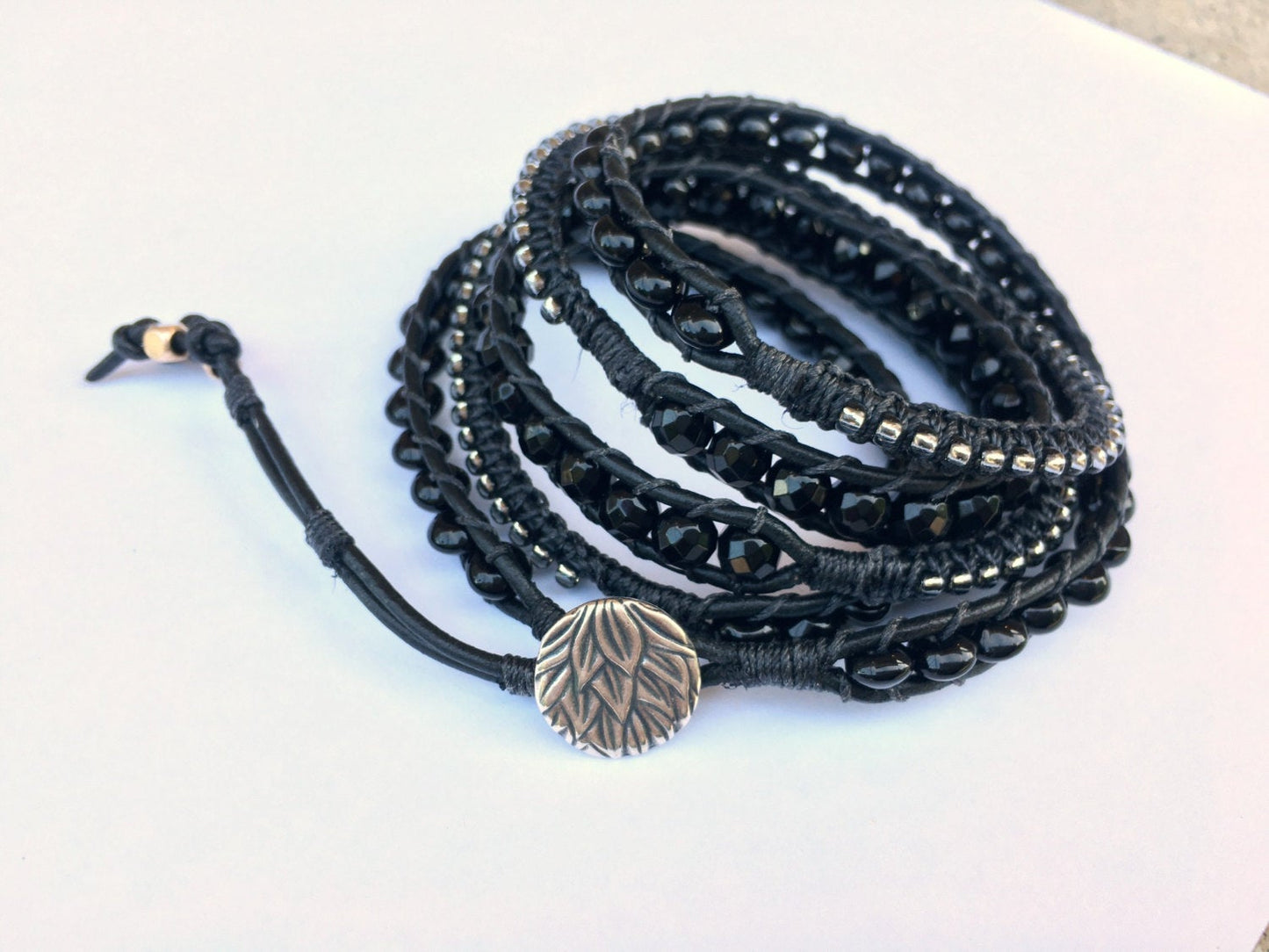 Bohemian Boho Onyx Macrame bracelet 5x wrap, leather wrap bracelet