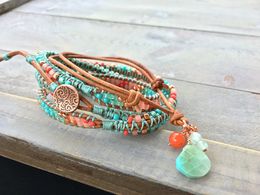 Coral Turquoise and Copper 3x macrame Leather Wrap Bracelet