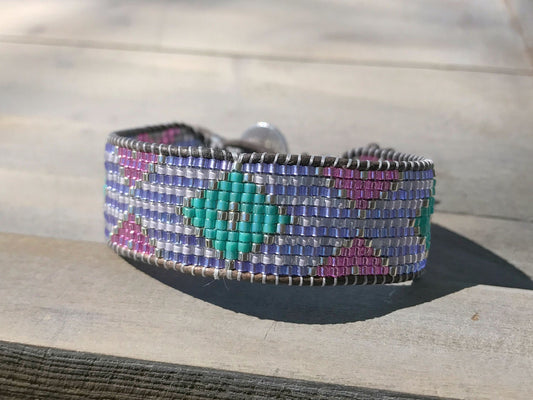 Fancy Tribal Bead Loom Woven Leather Wrap Bracelet in Purple, Aqua, Pink and Silver