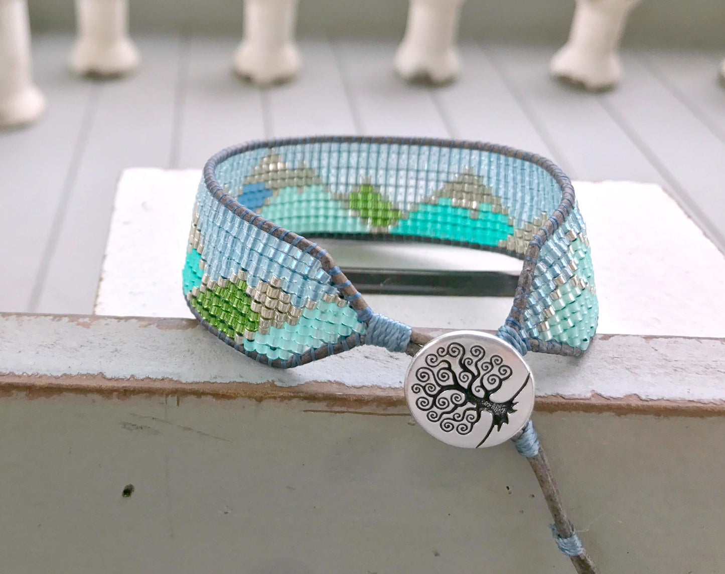 Abstract Mountain Bead Woven Loom Leather Bracelet