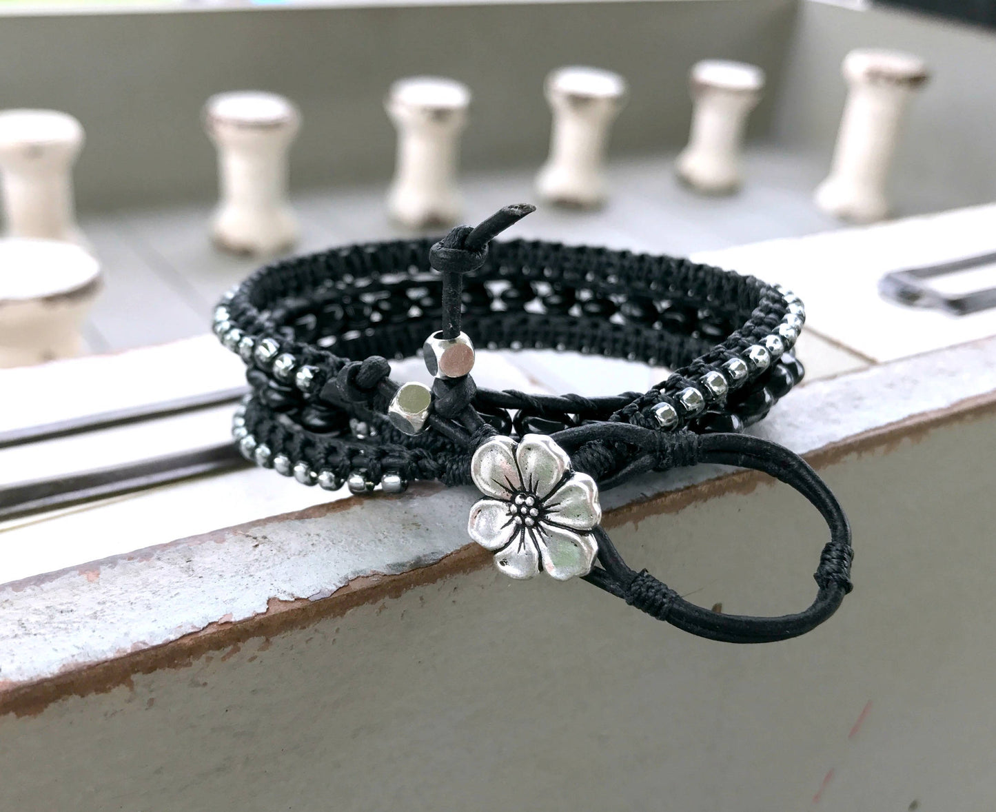 Macrame Leather Black Agate Beaded Wrap Bracelet