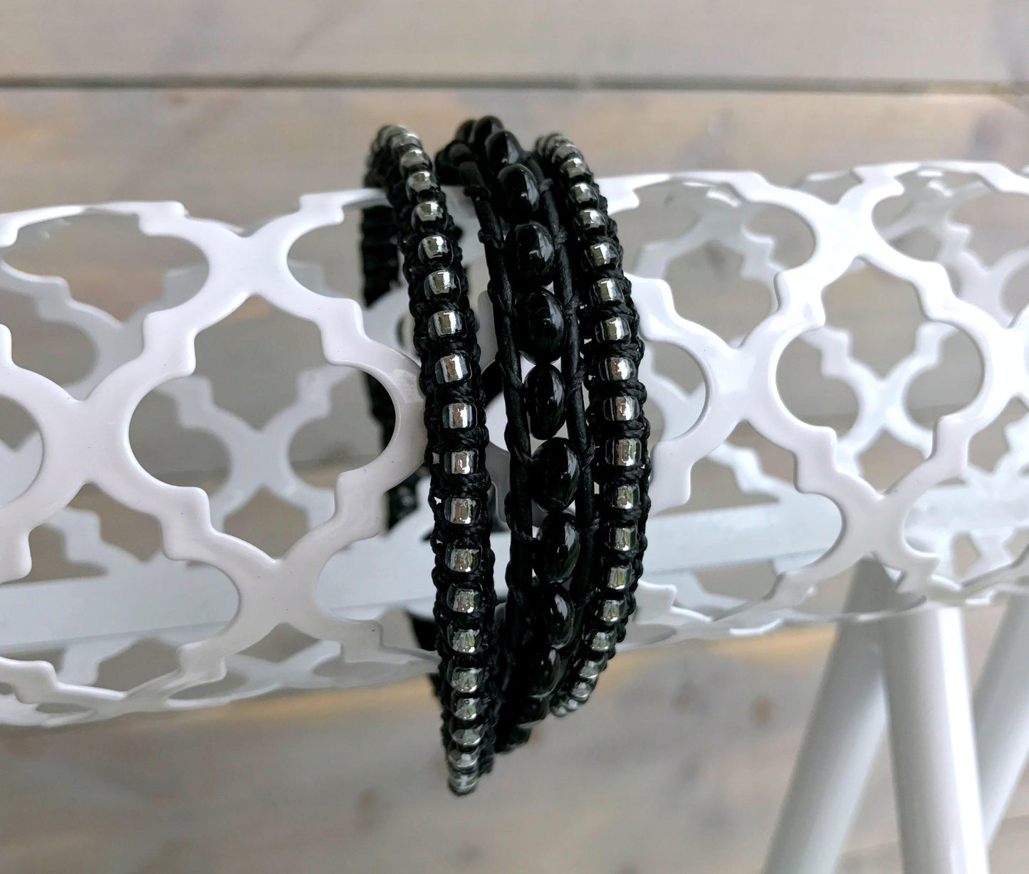 Macrame Leather Black Agate Beaded Wrap Bracelet