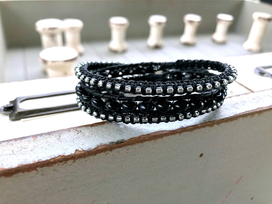Macrame Leather Black Agate Beaded Wrap Bracelet