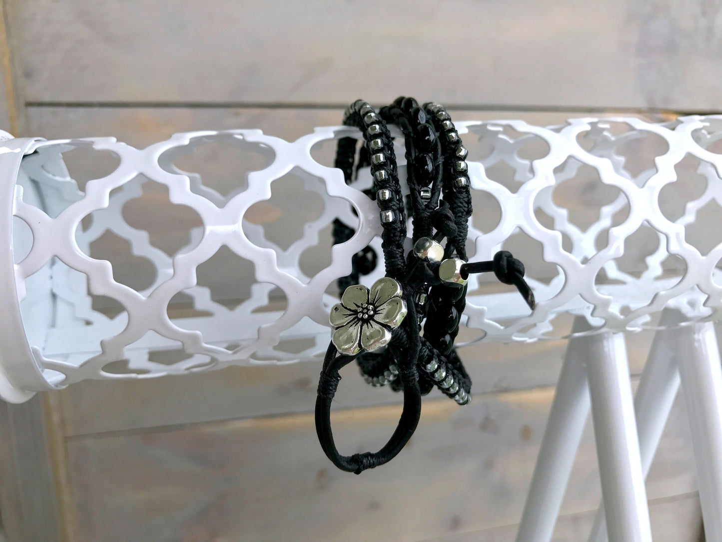 Macrame Leather Black Agate Beaded Wrap Bracelet