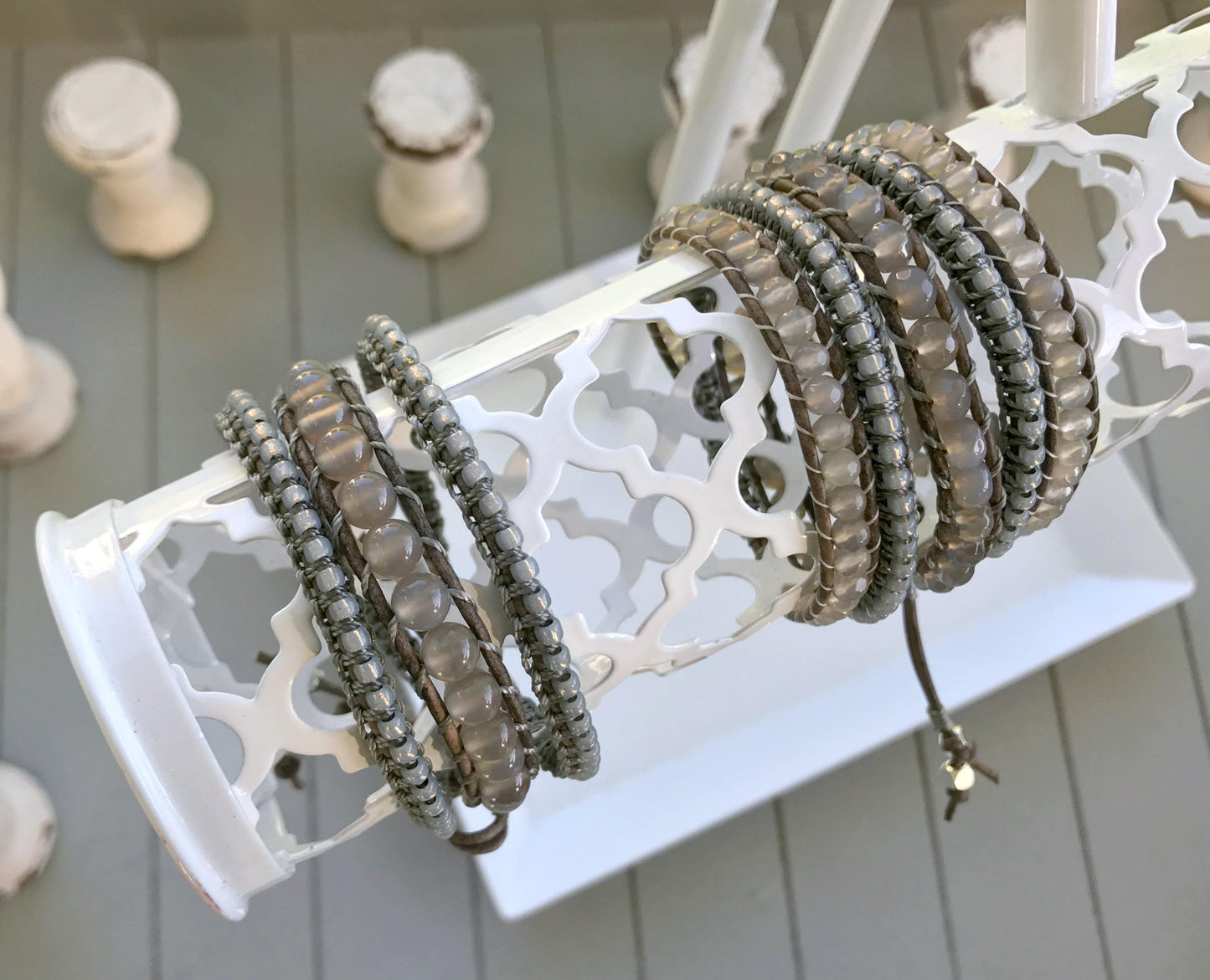 Gray Agate Macrame 3x Beaded Leather Wrap Bracelet