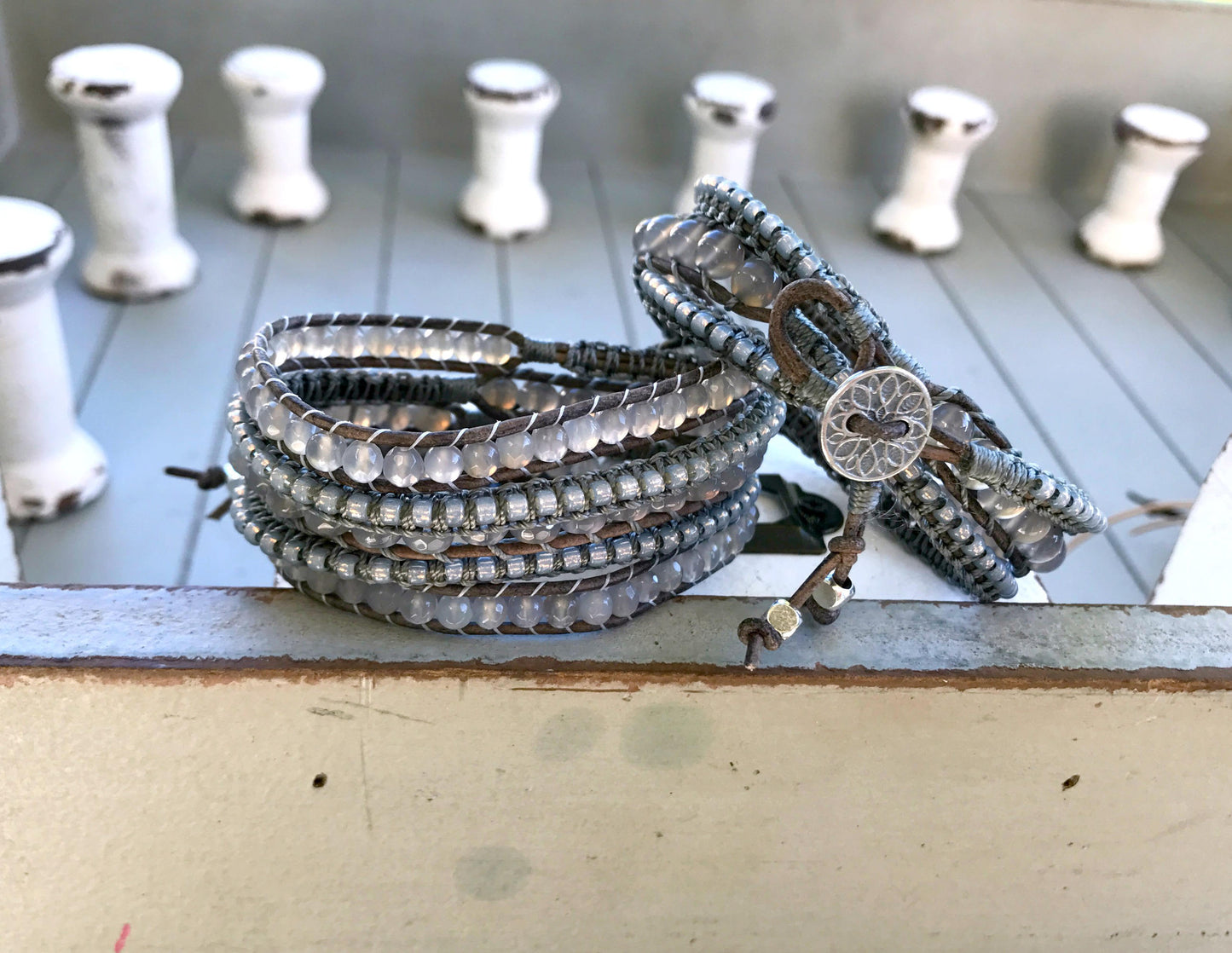 Gray Agate Macrame 3x Beaded Leather Wrap Bracelet