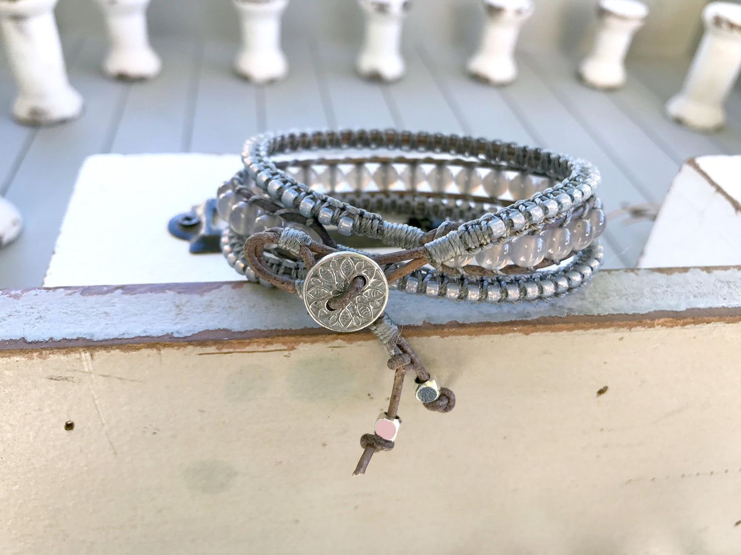 Gray Agate Macrame 3x Beaded Leather Wrap Bracelet