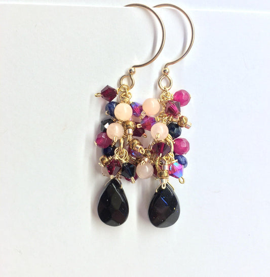 Faceted Blue Goldstone and Pink Jade Cluster Teardrop Earrings with Swarvoski Crystal
