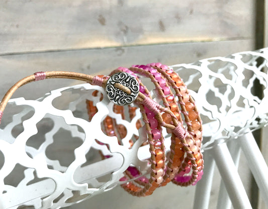 Faded Pink Peach Jade Accented 4 wrap Beaded Leather Bracelet