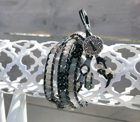 Ombre Black and White Gemstone 4x Wrap Bracelet, Onyx, Jade, Agate beaded bracelet