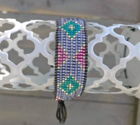 Fancy Tribal Bead Loom Woven Leather Wrap Bracelet in Purple, Aqua, Pink and Silver