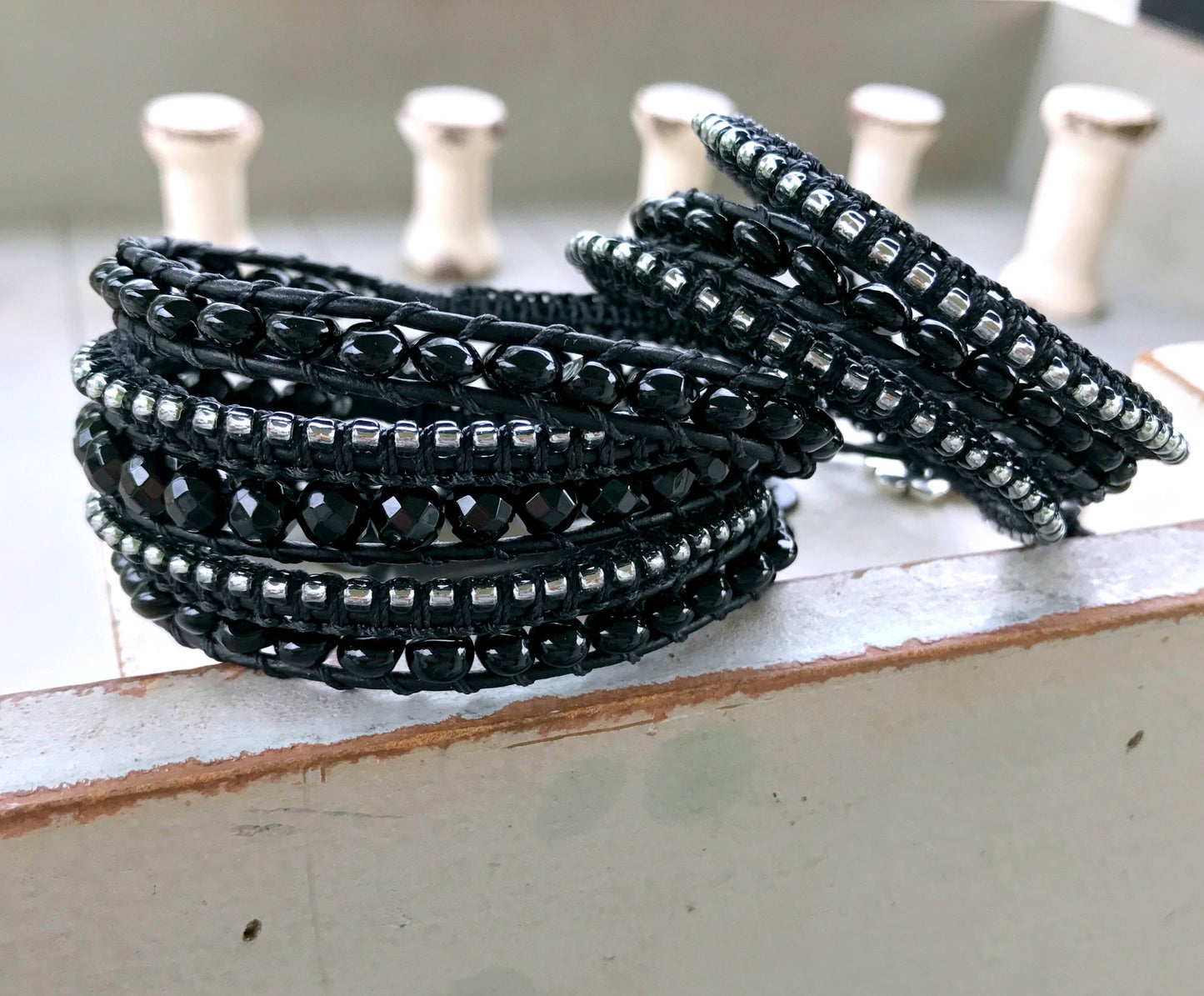 Macrame Leather Black Agate Beaded Wrap Bracelet