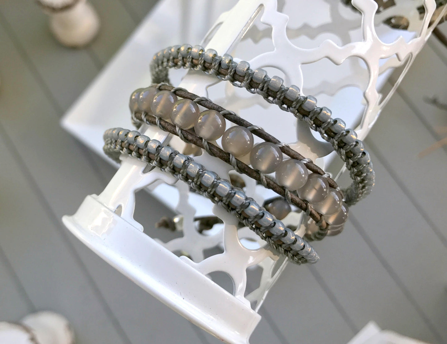 Gray Agate Macrame 3x Beaded Leather Wrap Bracelet