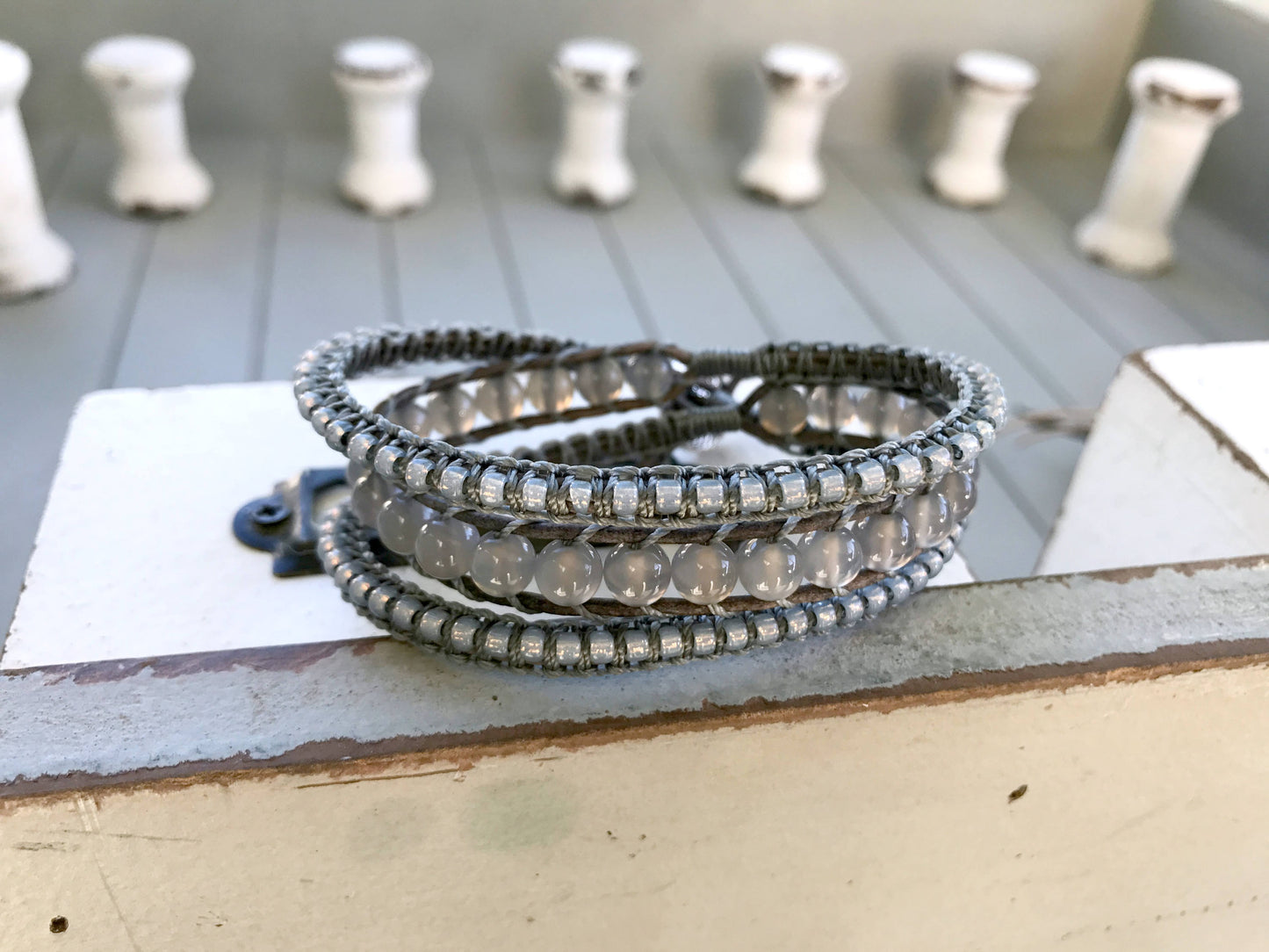 Gray Agate Macrame 3x Beaded Leather Wrap Bracelet