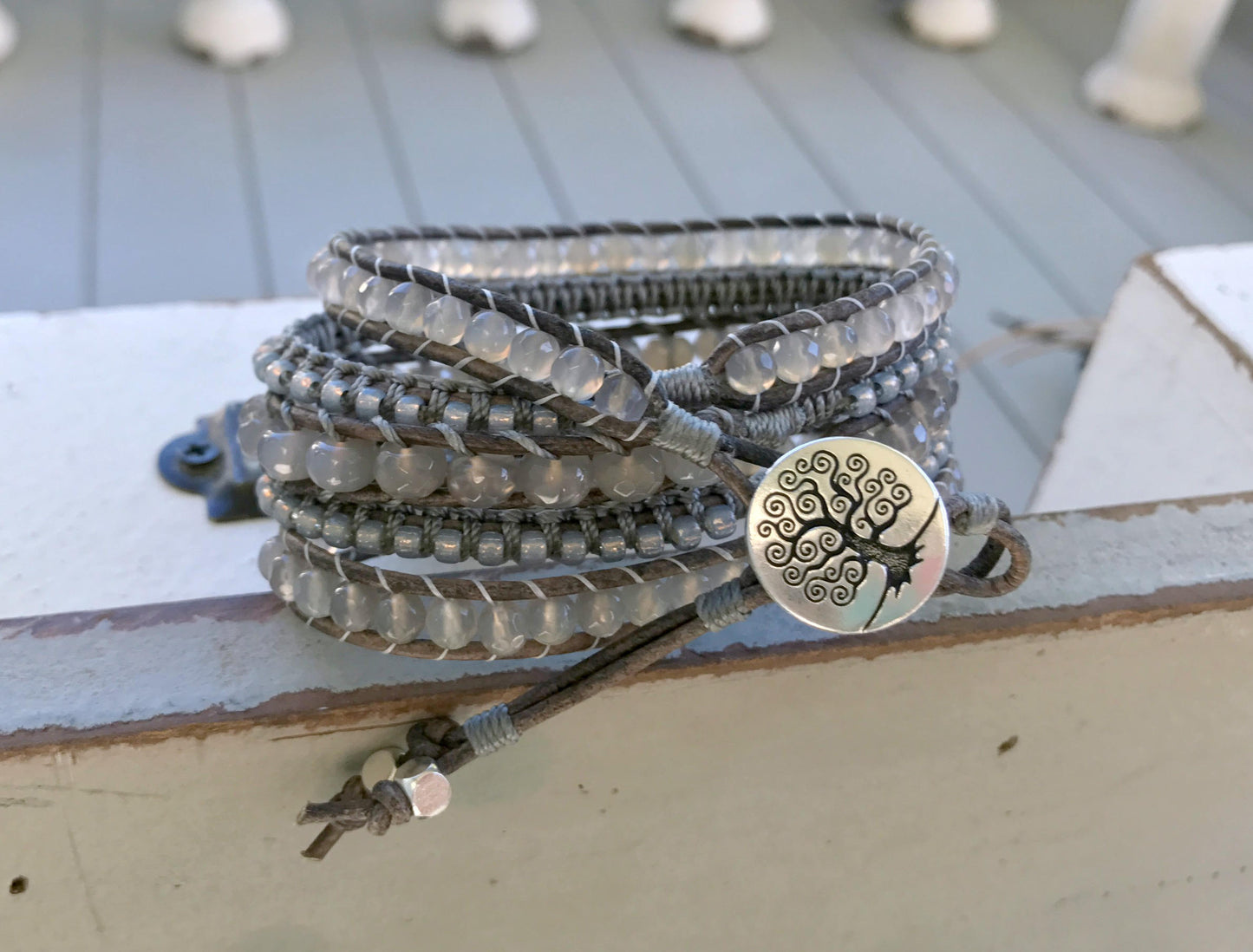 Bohemian Boho Gray Agate Macrame bracelet 5x leather wrap bracelet