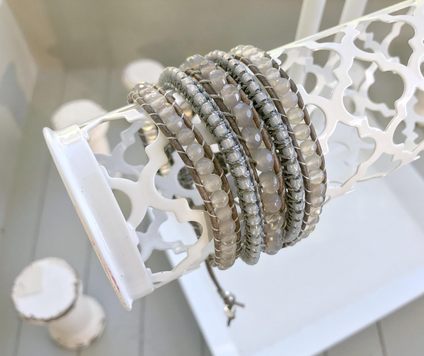 Bohemian Boho Gray Agate Macrame bracelet 5x leather wrap bracelet