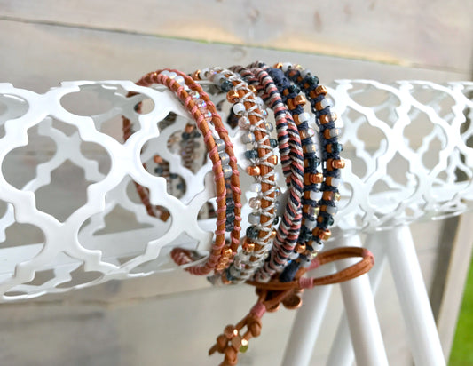 Navy Gray Blush and Copper Textured 5x Beaded Wrap Bracelet