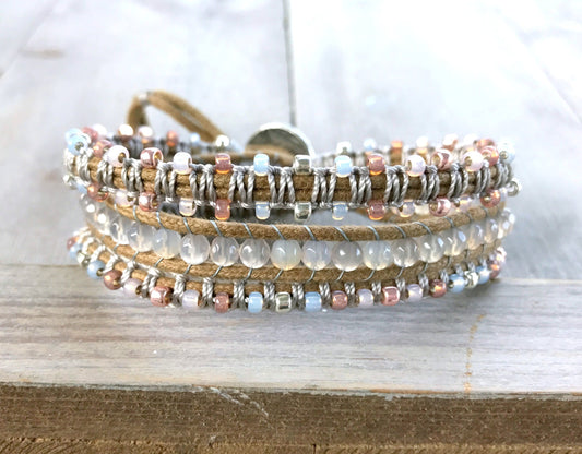 Faded Silver to Rose Gold Beaded Gemstone Macrame 3x wrap vegan bracelet