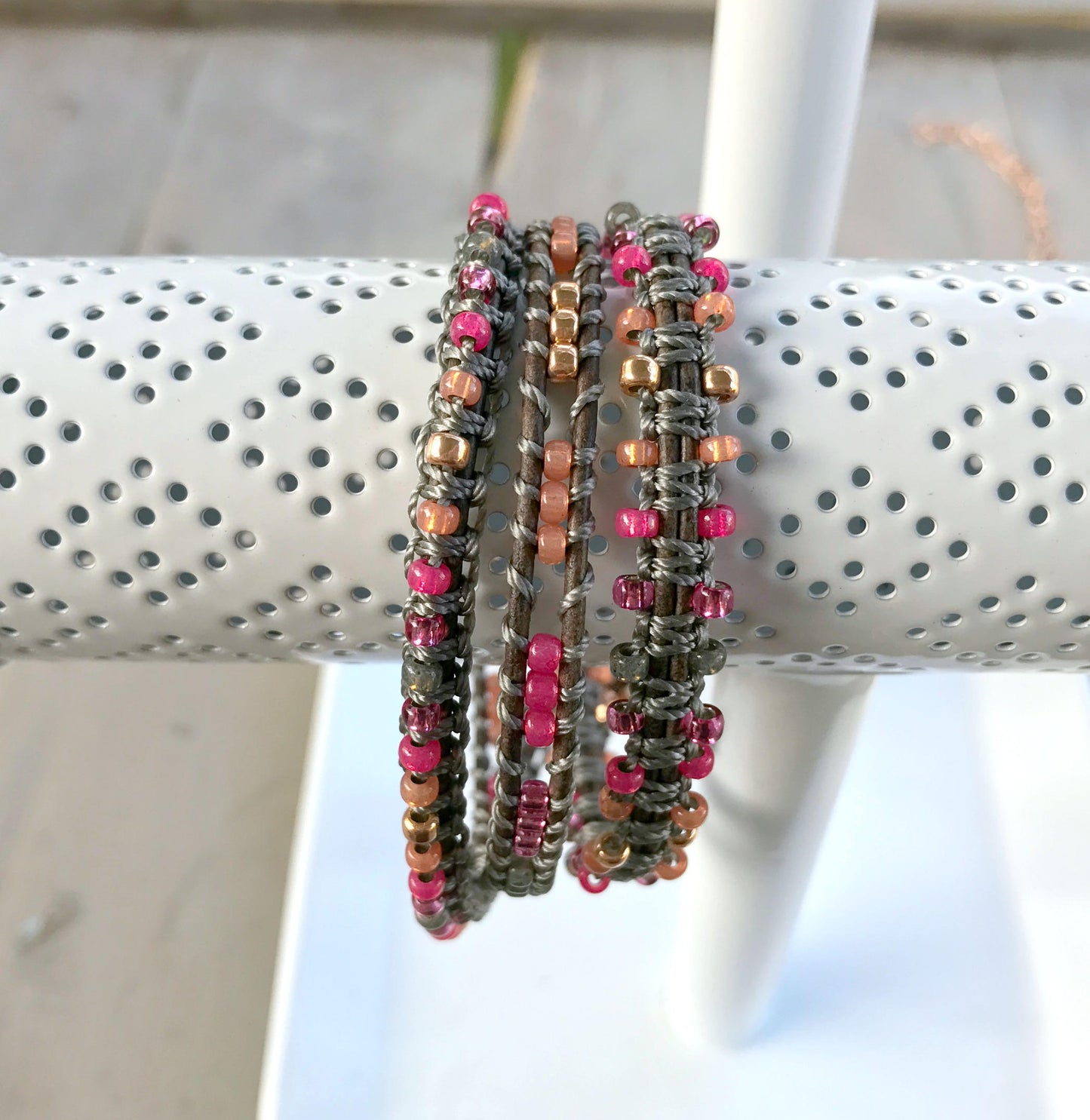 Gray and Faded Hot Pink 3x macrame Leather Wrap Bracelet